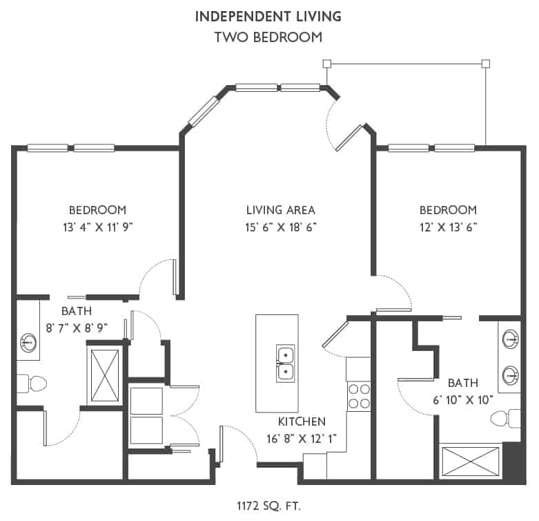 A two-bedroom independent living floor plan with a central living area and kitchen.
