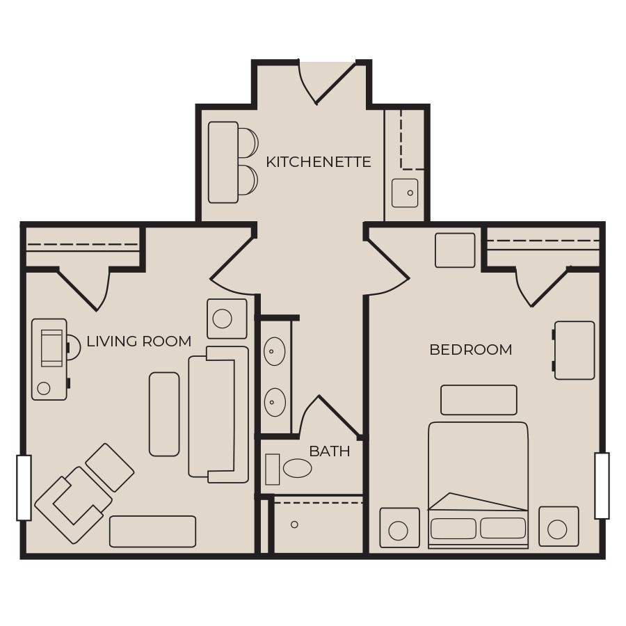 A simple one-bedroom apartment floor plan featuring a kitchenette, living room, and bathroom.