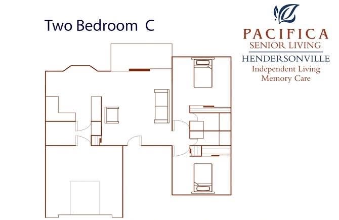 Floor plan of a two-bedroom apartment in a senior living community.