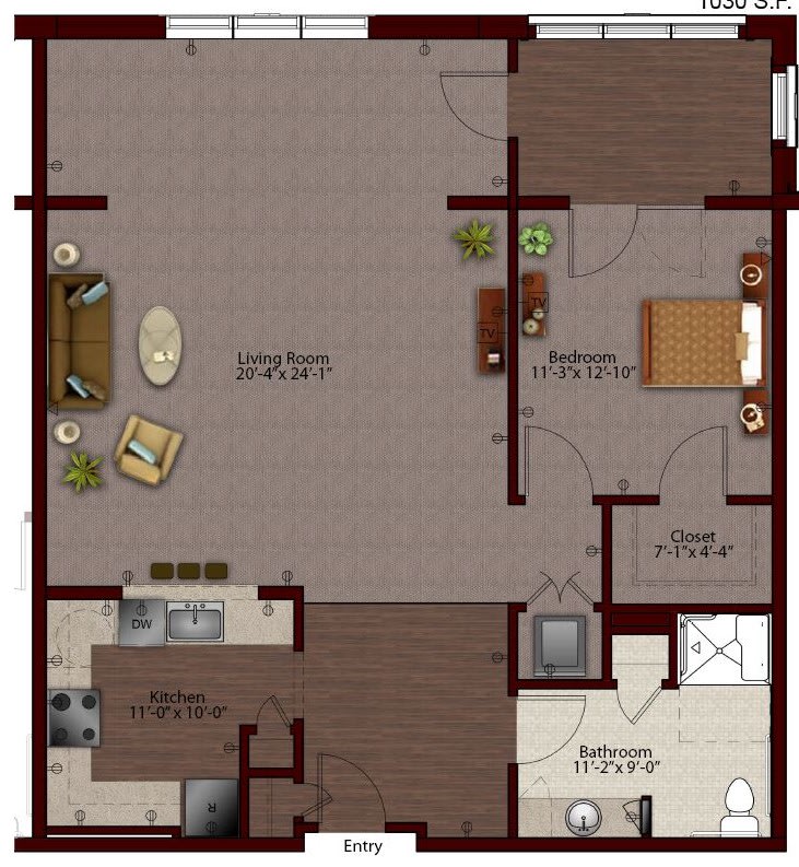 A detailed floor plan of an apartment showcasing the layout of rooms and furniture arrangement.
