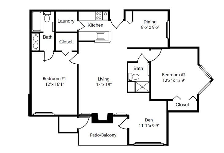 A floor plan of a two-bedroom apartment with labeled rooms and dimensions.