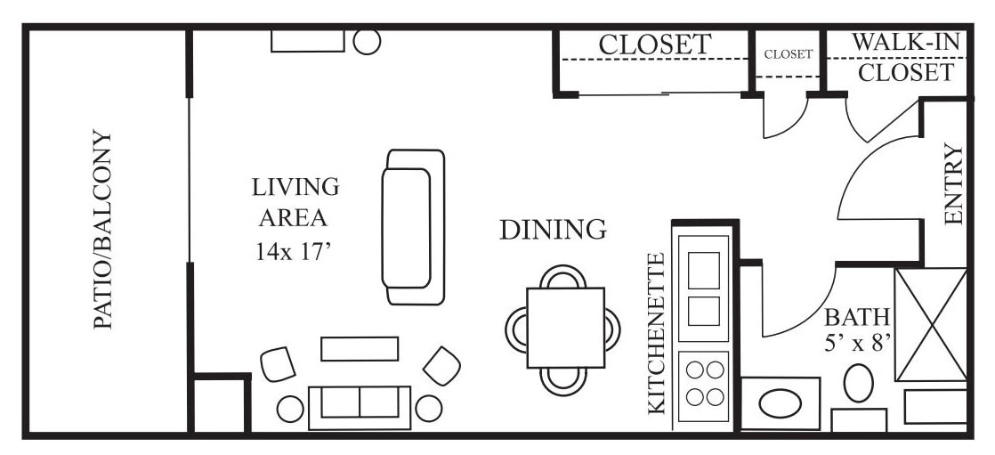 A floor plan showing the layout of a living area, dining space, kitchenette, and closet.