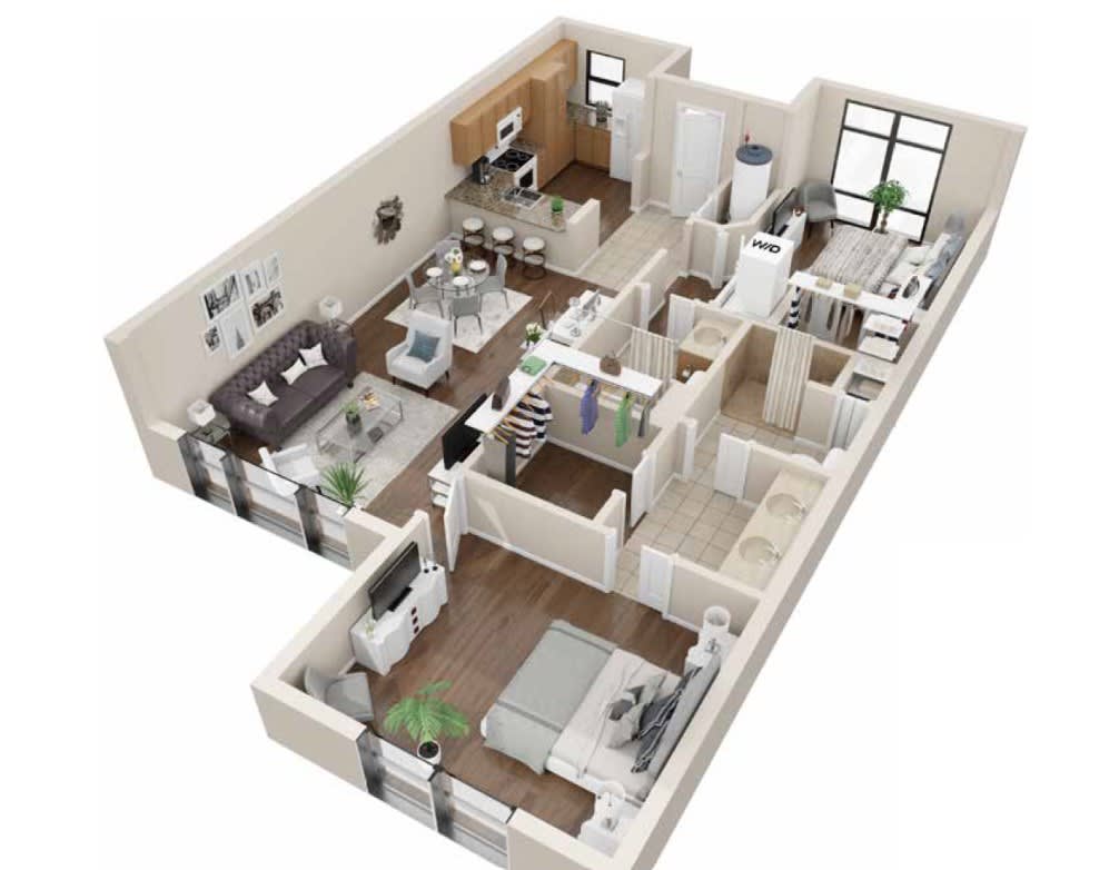 A 3D floor plan of a modern apartment featuring a living room, kitchen, bedrooms, and bathrooms.