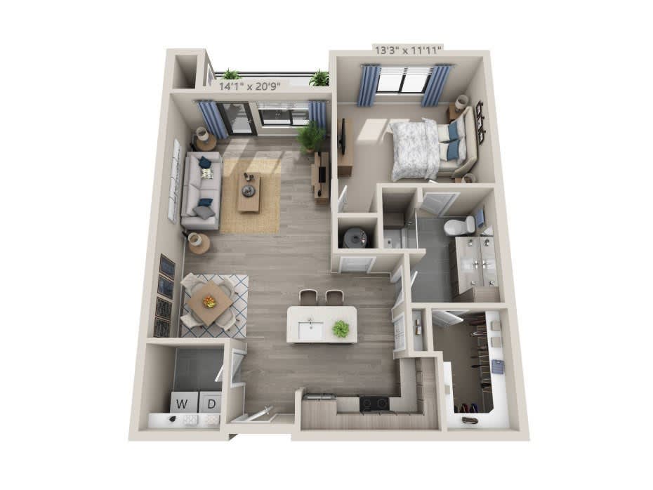 A 3D-rendered floor plan of a modern apartment featuring a living room, kitchen, bedroom, and bathroom.
