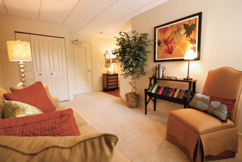 A cozy living room with comfortable seating, a potted plant, and vibrant artwork on the wall.