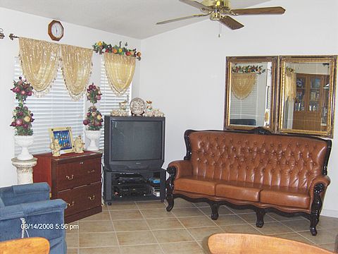 A cozy living room with a vintage leather sofa, an old CRT TV, decorative curtains, and mirrors on the wall.
