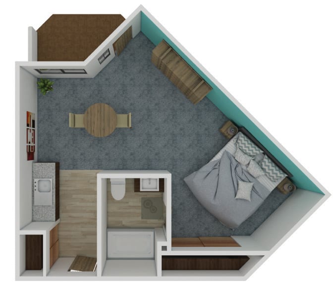 3D floor plan of a compact apartment featuring a bedroom, kitchen, and living area.