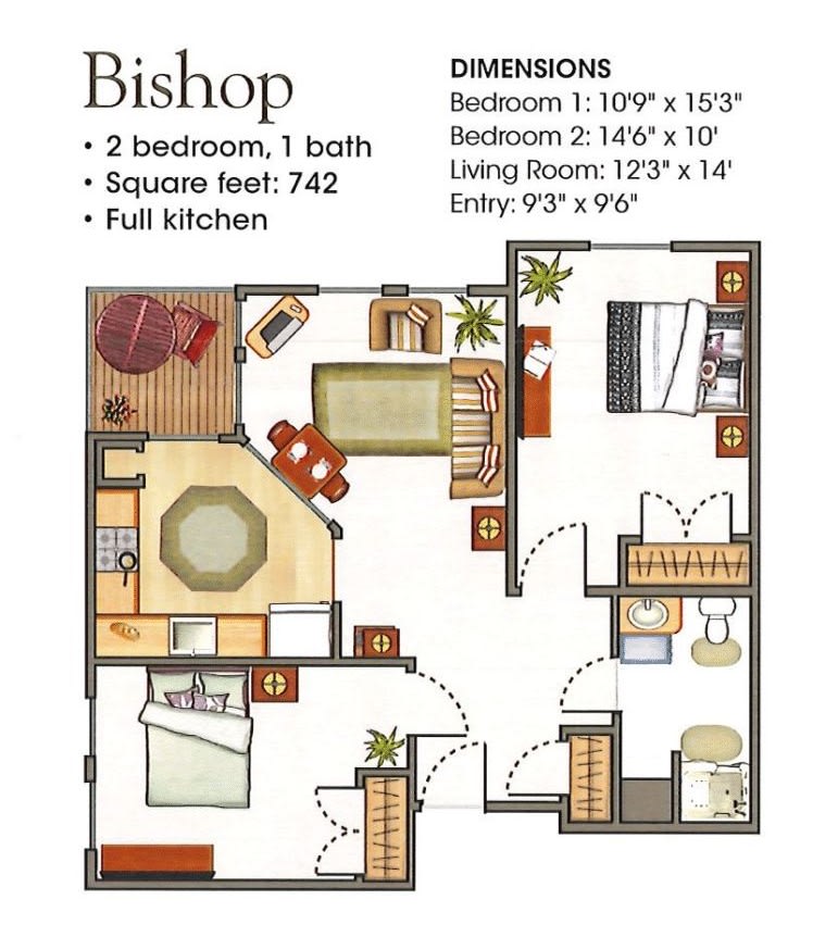 A floor plan for a two-bedroom, one-bathroom apartment with full kitchen and living room areas.