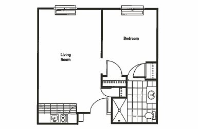 A simple floor plan of a one-bedroom apartment featuring a living room, kitchen, and bathroom.