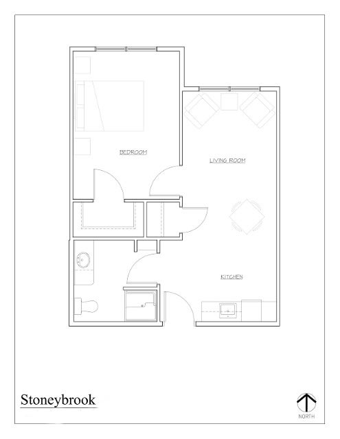 A floor plan of a one-bedroom apartment, showing the distribution of rooms and spaces.