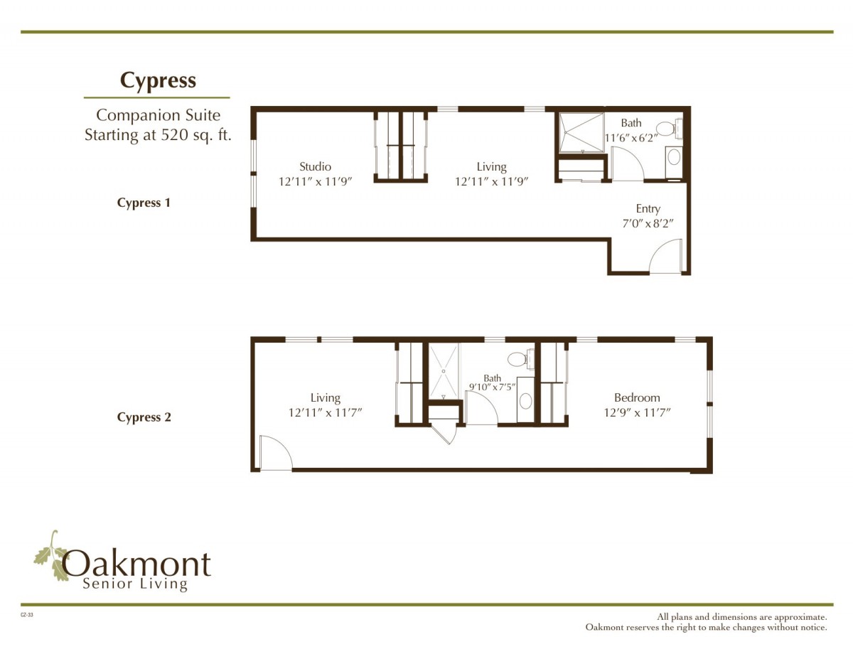 Floor plan of the Cypress model with two levels, featuring rooms labeled for design purposes.