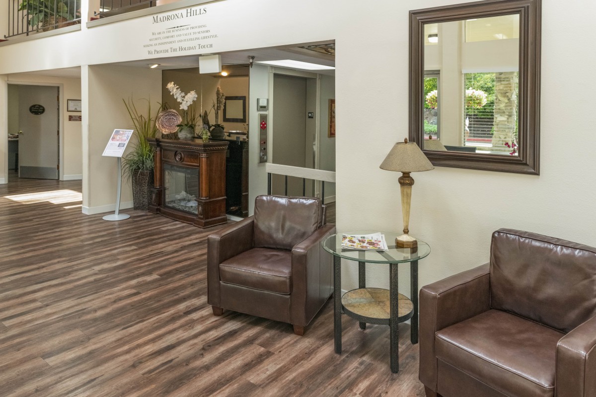 A cozy lobby with comfortable seating and elegant decor.