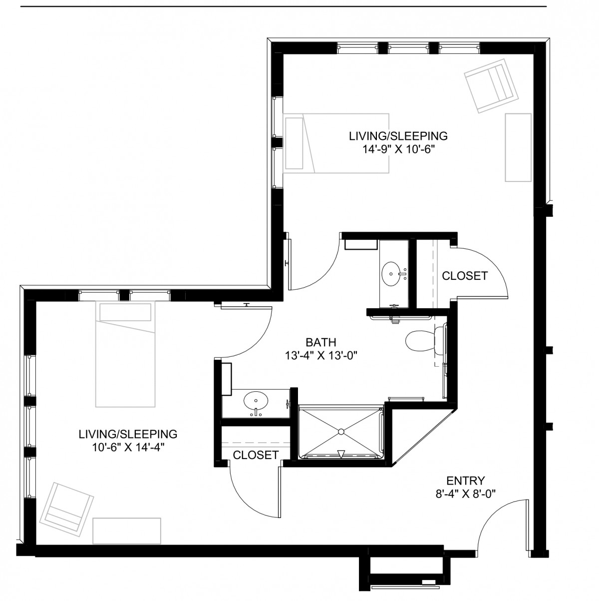 A detailed floor plan of an apartment with labeled rooms including a living/dining area, bedroom, closet, and pantry.