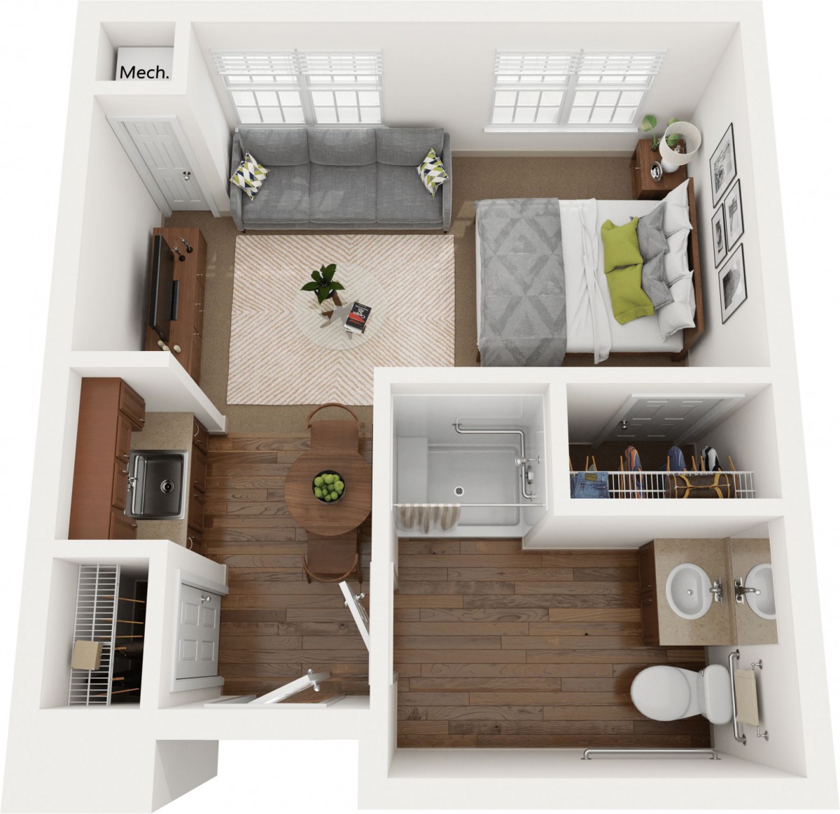 A 3D floor plan of a one-bedroom apartment featuring a living area, kitchen, bathroom, and bedroom.