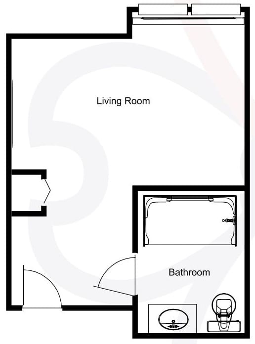 A simple floor plan showing a living room and bathroom.