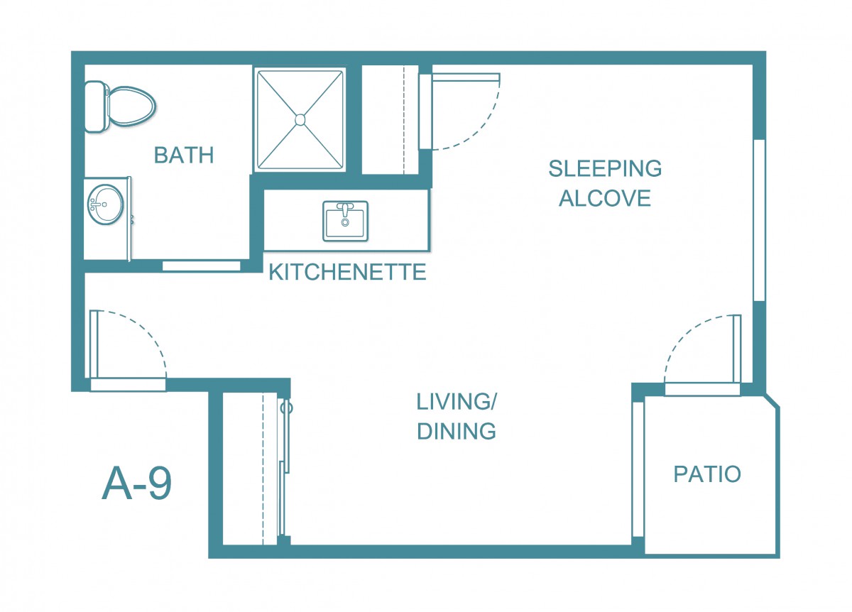 A floor plan of a studio apartment featuring a kitchenette, bathroom, sleeping alcove, and living/dining area.