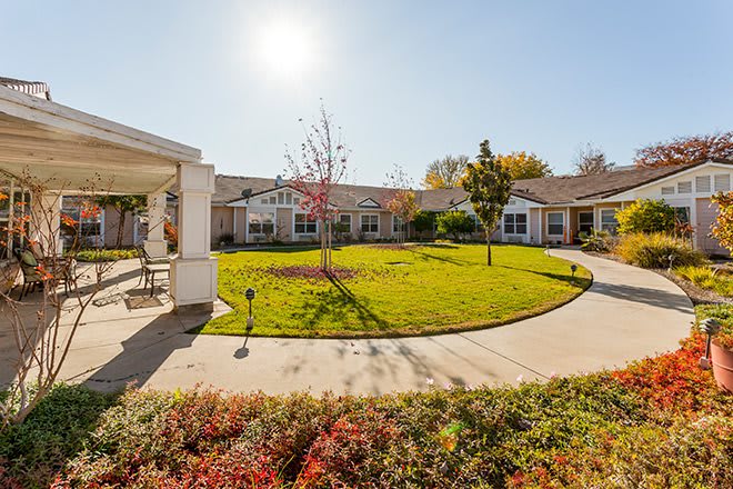 A well-maintained courtyard with a lush lawn and pathways on a sunny day.