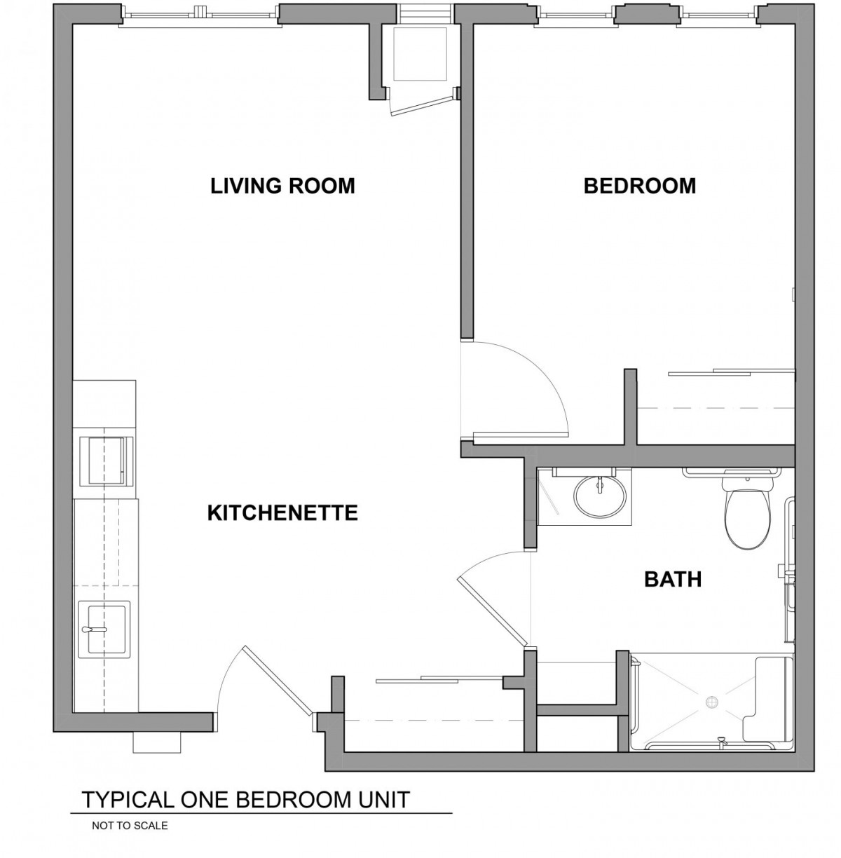 Floor plan of a typical one-bedroom apartment featuring a living room, kitchenette, and bathroom.
