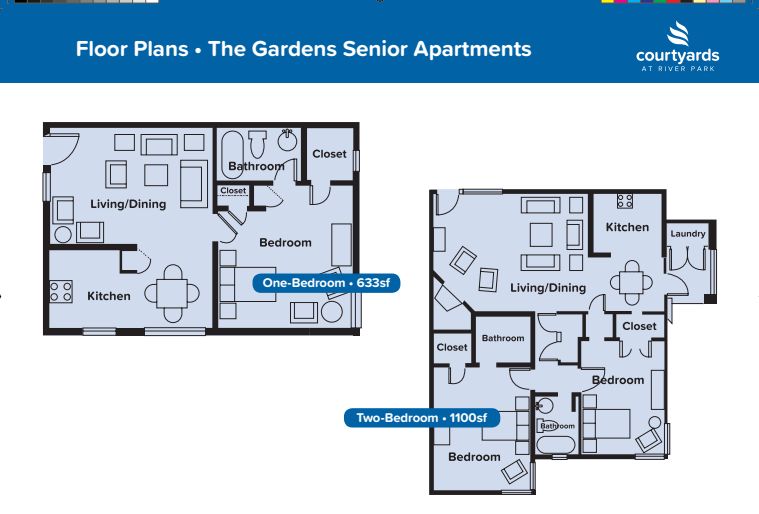 Floor plans for The Gardens Senior Apartments, featuring one-bedroom and two-bedroom layouts.