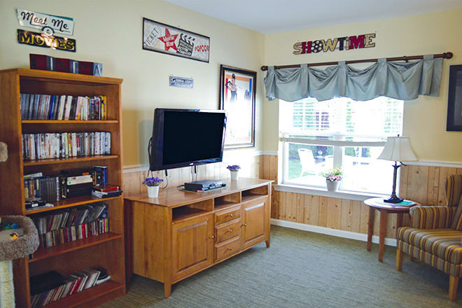 A cozy living room featuring a television on a wooden stand, bookshelves filled with DVDs and books, and a large window letting in natural light with decorative curtains.