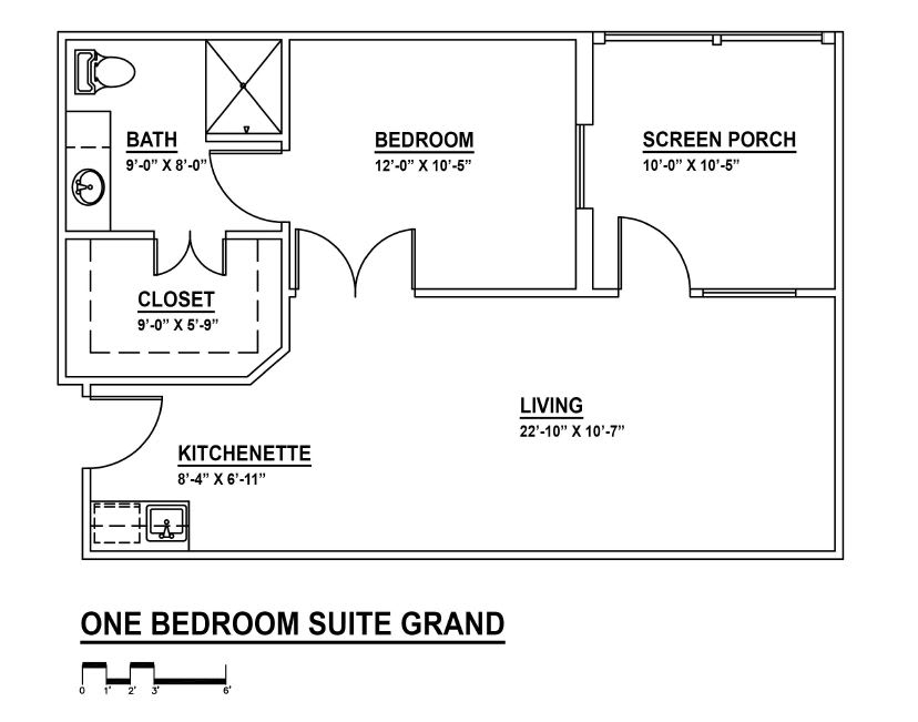 Floor plan of a one-bedroom suite featuring a bedroom, living area, kitchenette, bath, closet, and screen porch.