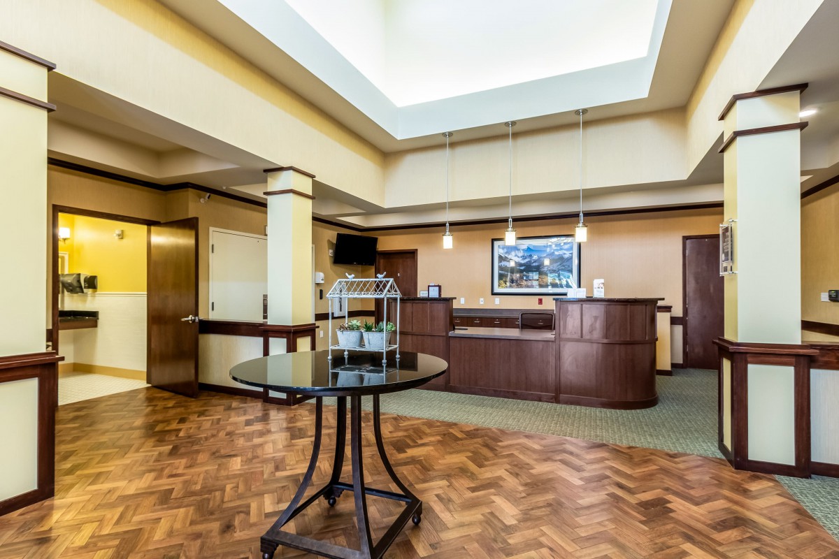 A spacious hotel lobby featuring a reception desk, modern lighting, and an elevator.