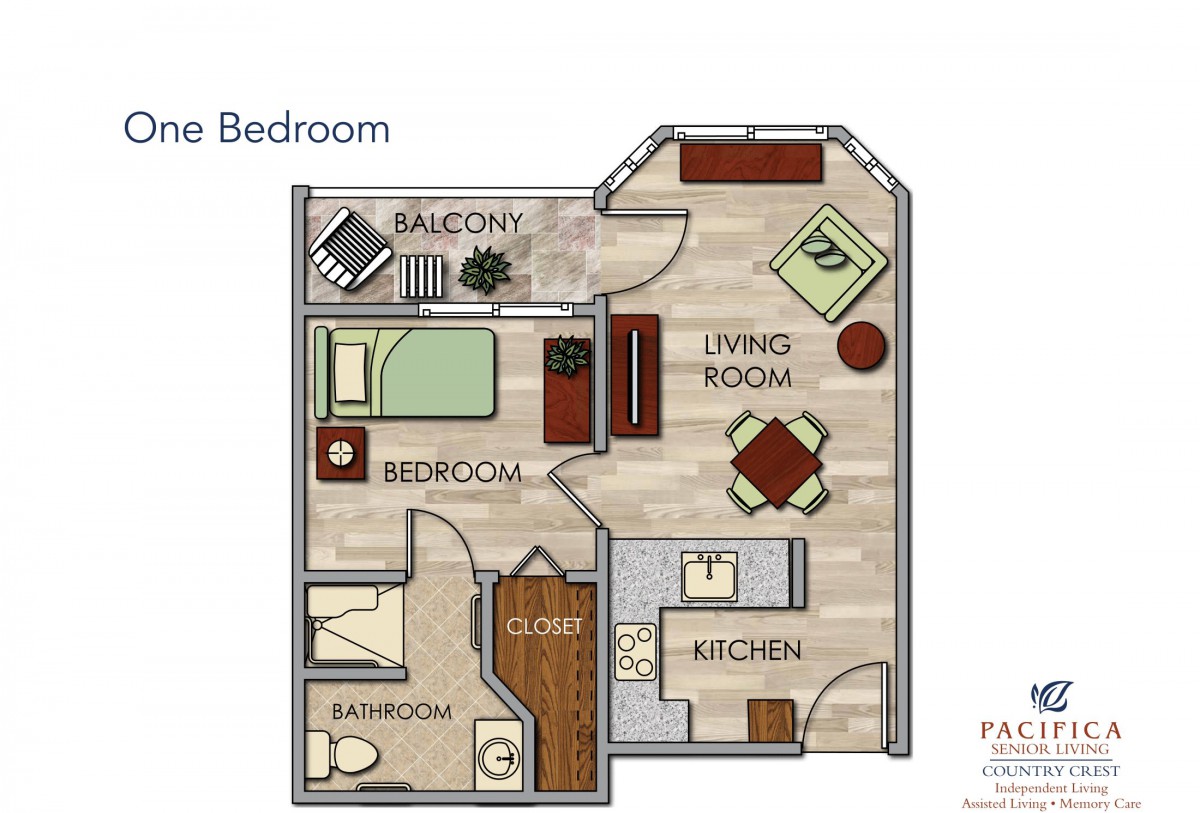 A detailed floor plan of a one-bedroom apartment featuring a living room, kitchen, bathroom, bedroom, and balcony.