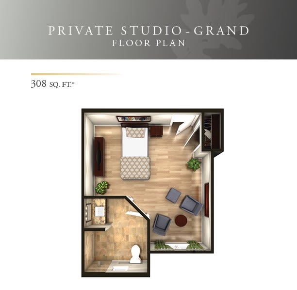 A floor plan for a private studio grand covering 300 sq. ft., featuring a bedroom, living area, and bathroom.