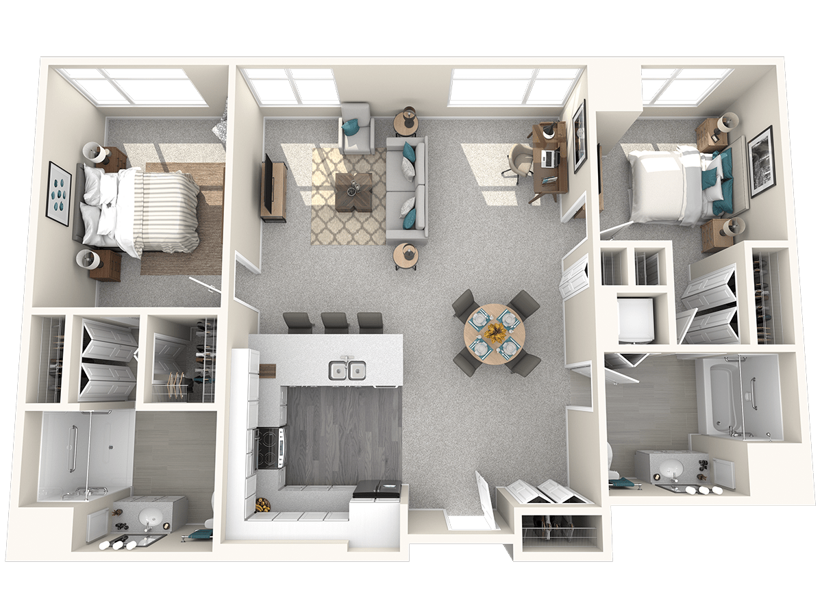 Modern apartment floor plan with open-concept living area, two bedrooms, and a kitchen.