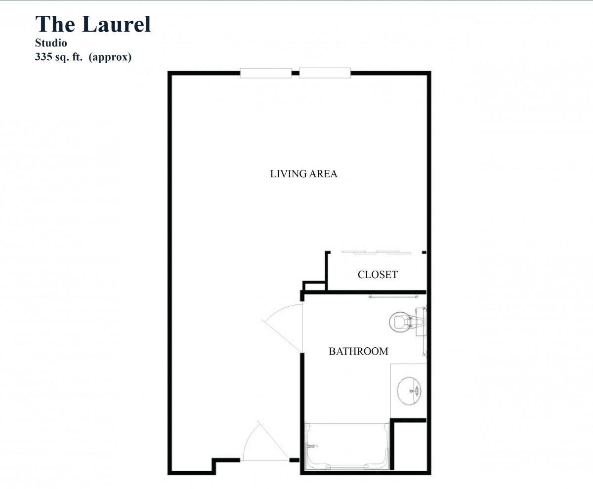 Floor plan of a studio apartment called 'The Laurel' with living area, bathroom, and closet.