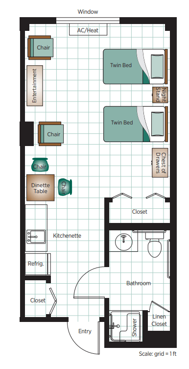 A floor plan showing the layout of a small apartment with a single bed, desk, and kitchenette.