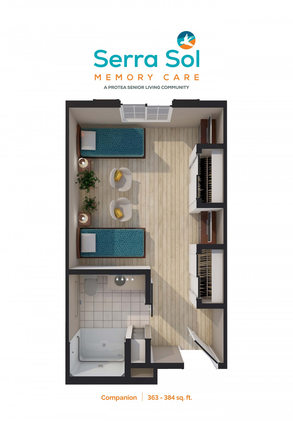 A detailed floor plan of a memory care room featuring two twin beds and seating area.
