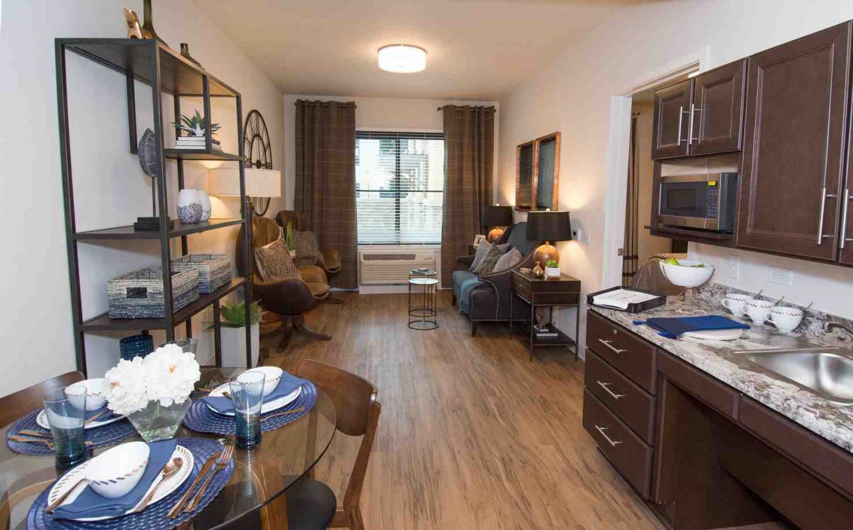 A modern and cozy living room with stylish furniture and decor.