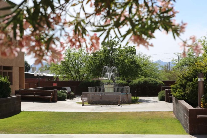 A scenic view of a garden with a central fountain surrounded by trees.