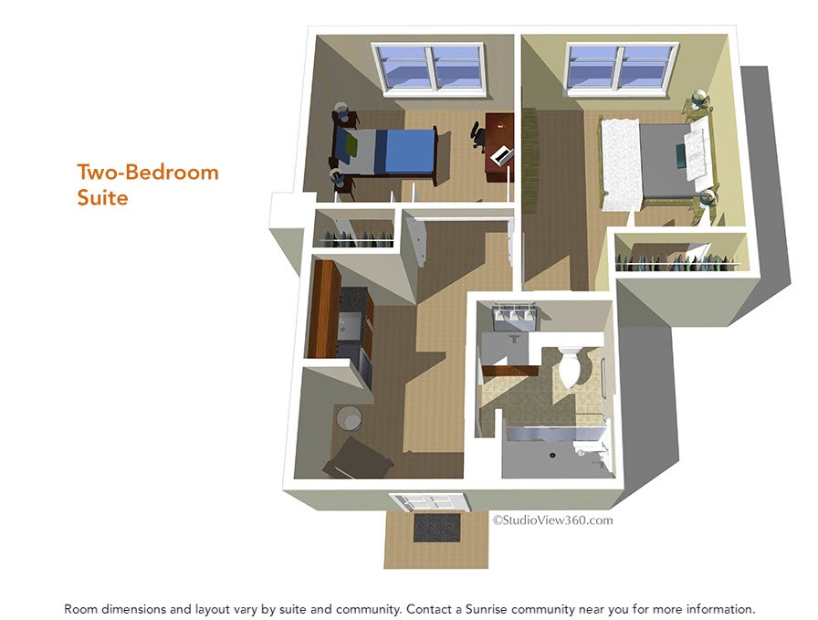 3D rendering of a two-bedroom apartment layout.