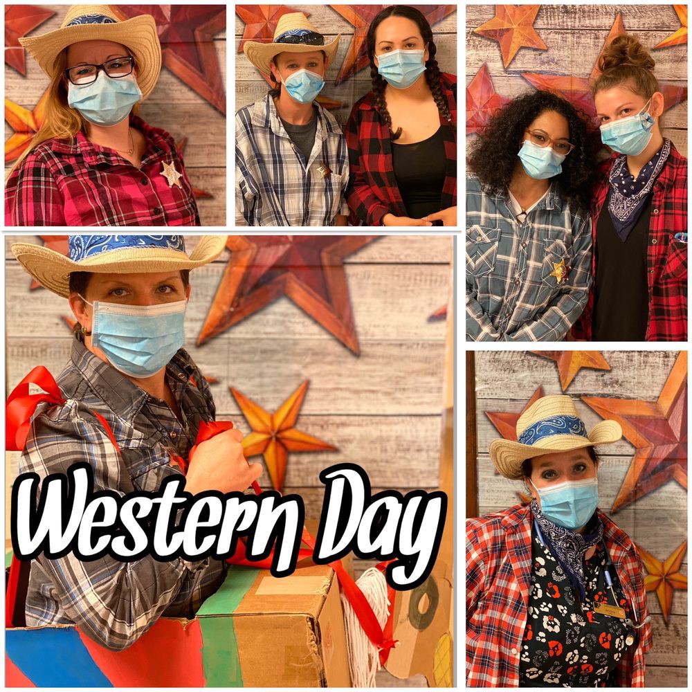 Group celebrates Western Day with themed outfits and decorations.