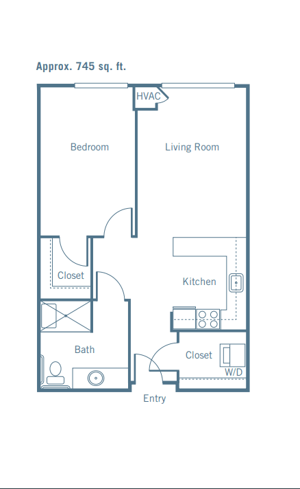 A simple floor plan of a one-bedroom apartment with a living room and kitchen.