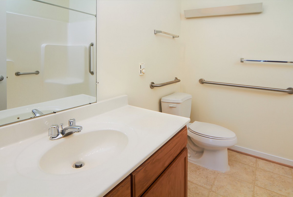 An accessible bathroom with a sink, toilet, and handrails.