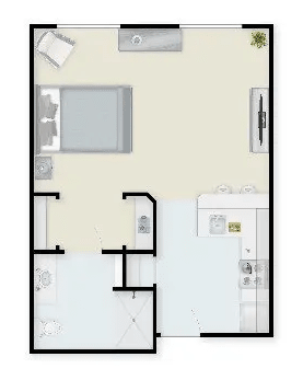 A floor plan of a one-bedroom apartment featuring a bedroom, living area, kitchen, and bathroom.