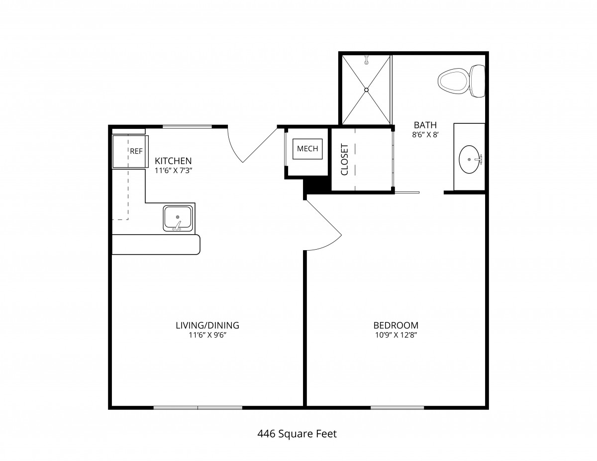 A 480 square foot apartment floor plan featuring one bedroom, a living room, kitchen, bathroom, and closet.