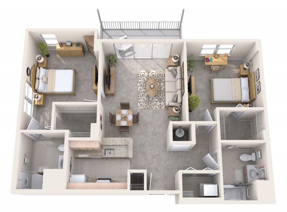 3D floor plan of a modern two-bedroom apartment layout.
