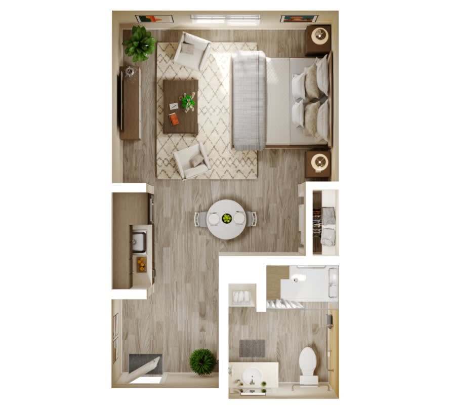 Studio apartment floor plan with a modern interior layout including living, bedroom, and kitchen areas.