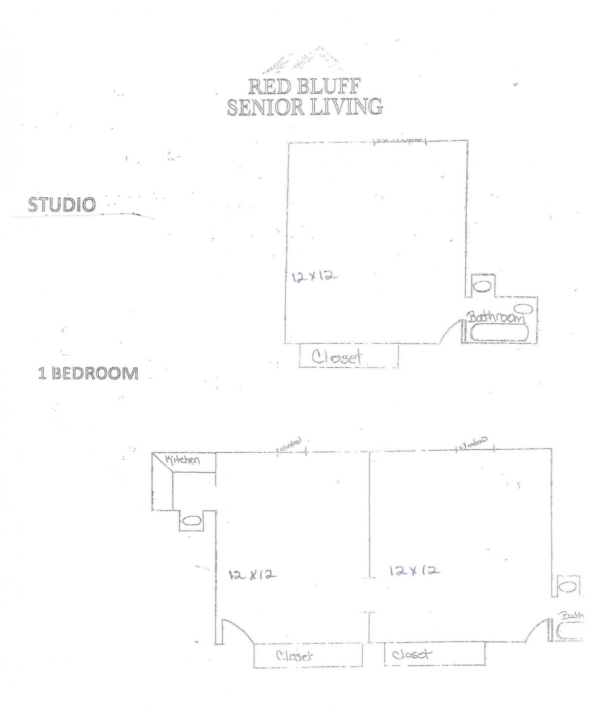 Floor plans for studio and one-bedroom apartments in a senior living facility.