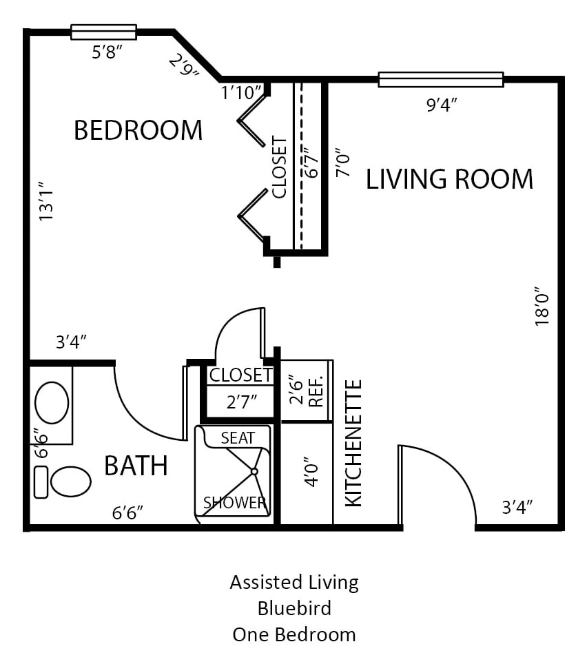 A floor plan of an assisted living apartment layout, including a bedroom, living room, kitchenette, and bath.