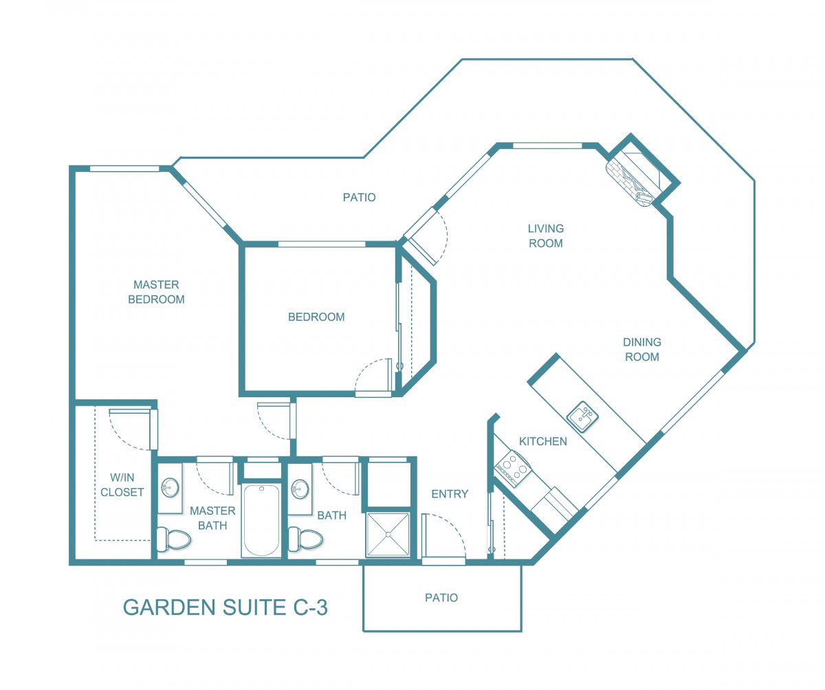 Floor plan of a garden suite with multiple rooms and amenities.