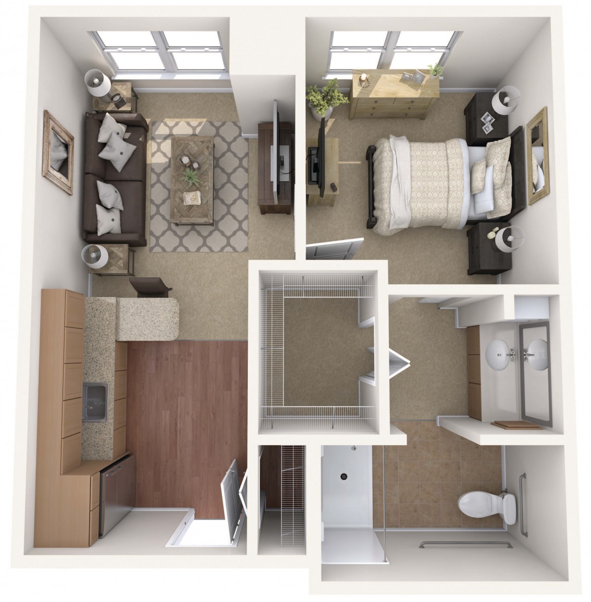 A 3D floor plan of a one-bedroom apartment with a living room, kitchen, bathroom, and bedroom.