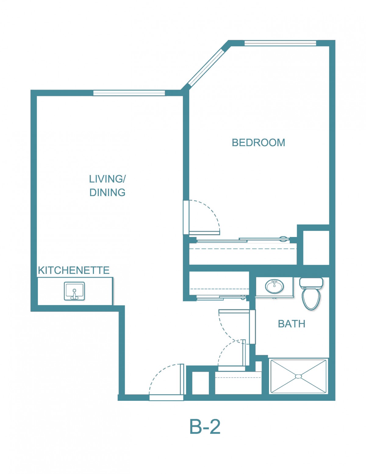 A simple floor plan of a one-bedroom apartment with a kitchenette, living/dining area, and bathroom.