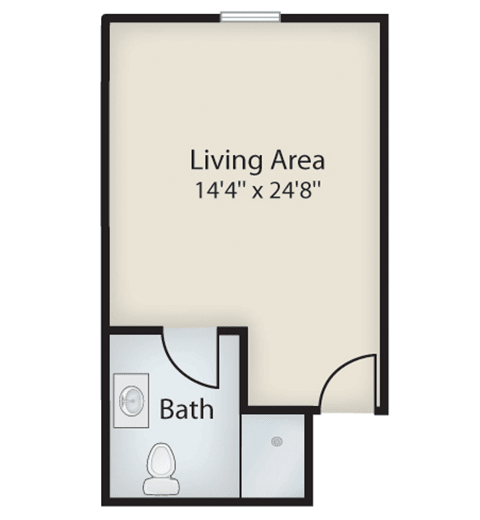 Studio apartment floor plan with living area and bathroom.