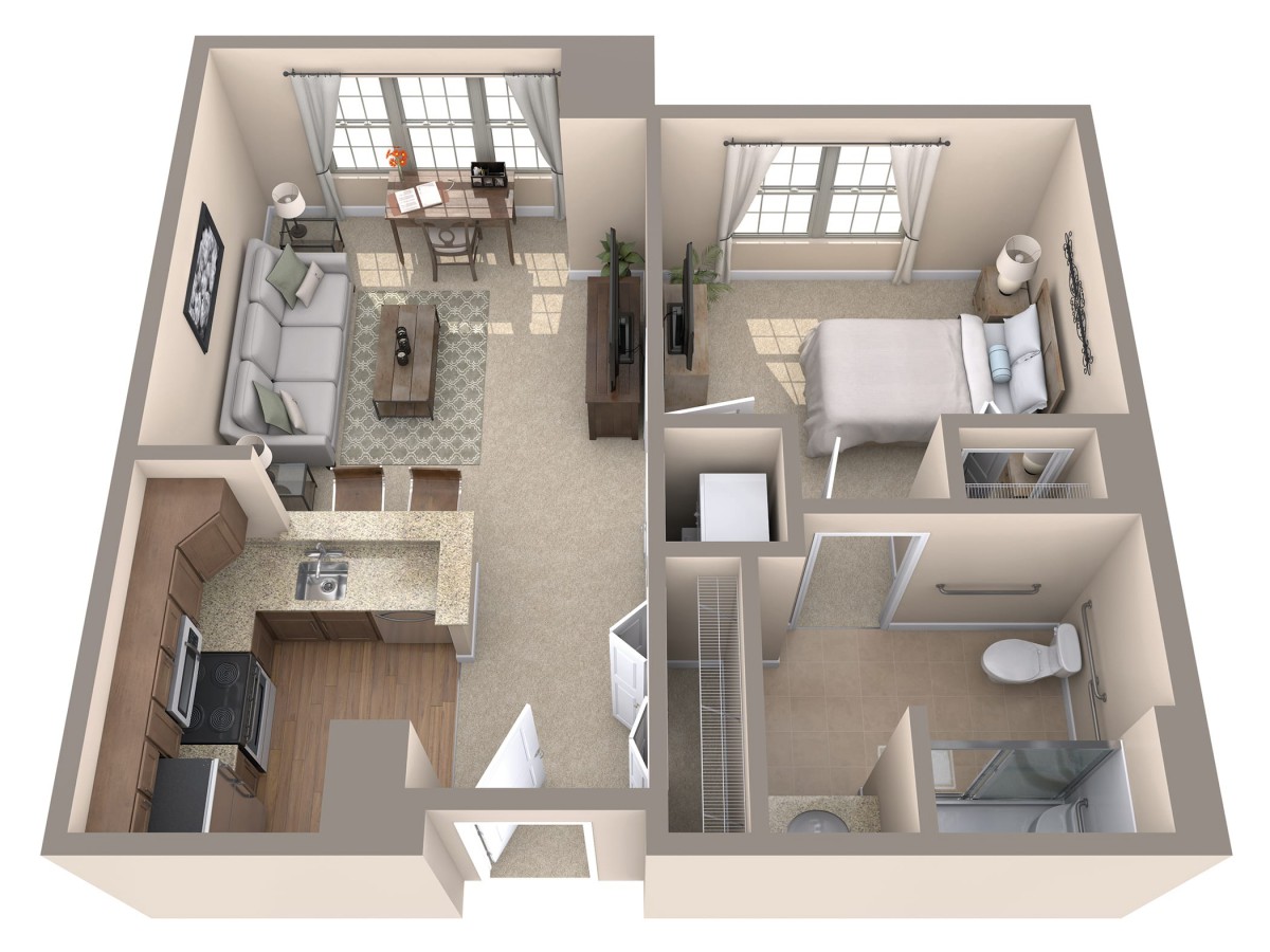 A 3D floor plan of a one-bedroom apartment featuring an open living room and kitchen area, a separate bedroom, and a bathroom.