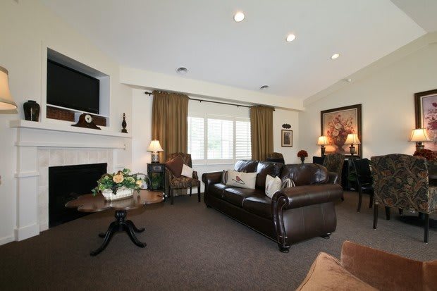 A cozy living room with leather sofas, a fireplace, and a television.